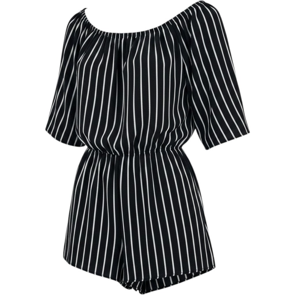 Ambiance Women Sz L Black White Striped Romper Off Shoulder Elastic Waist  69452